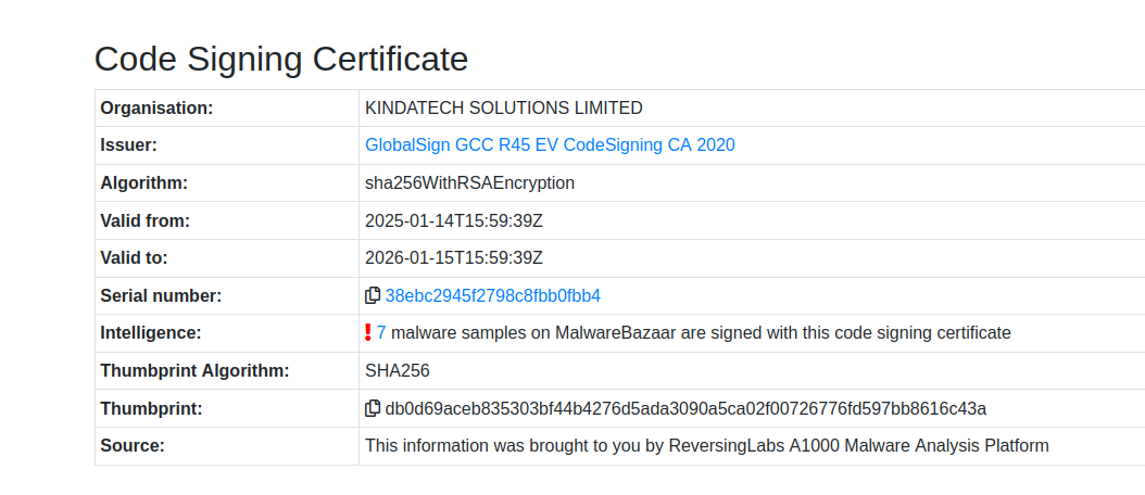 An example of certificate information on MalwareBazaar.